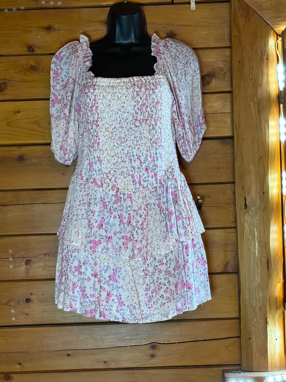 Smocked  Ruffle Trim Floral Tiered Mini Dress in Pink and Cream Medium